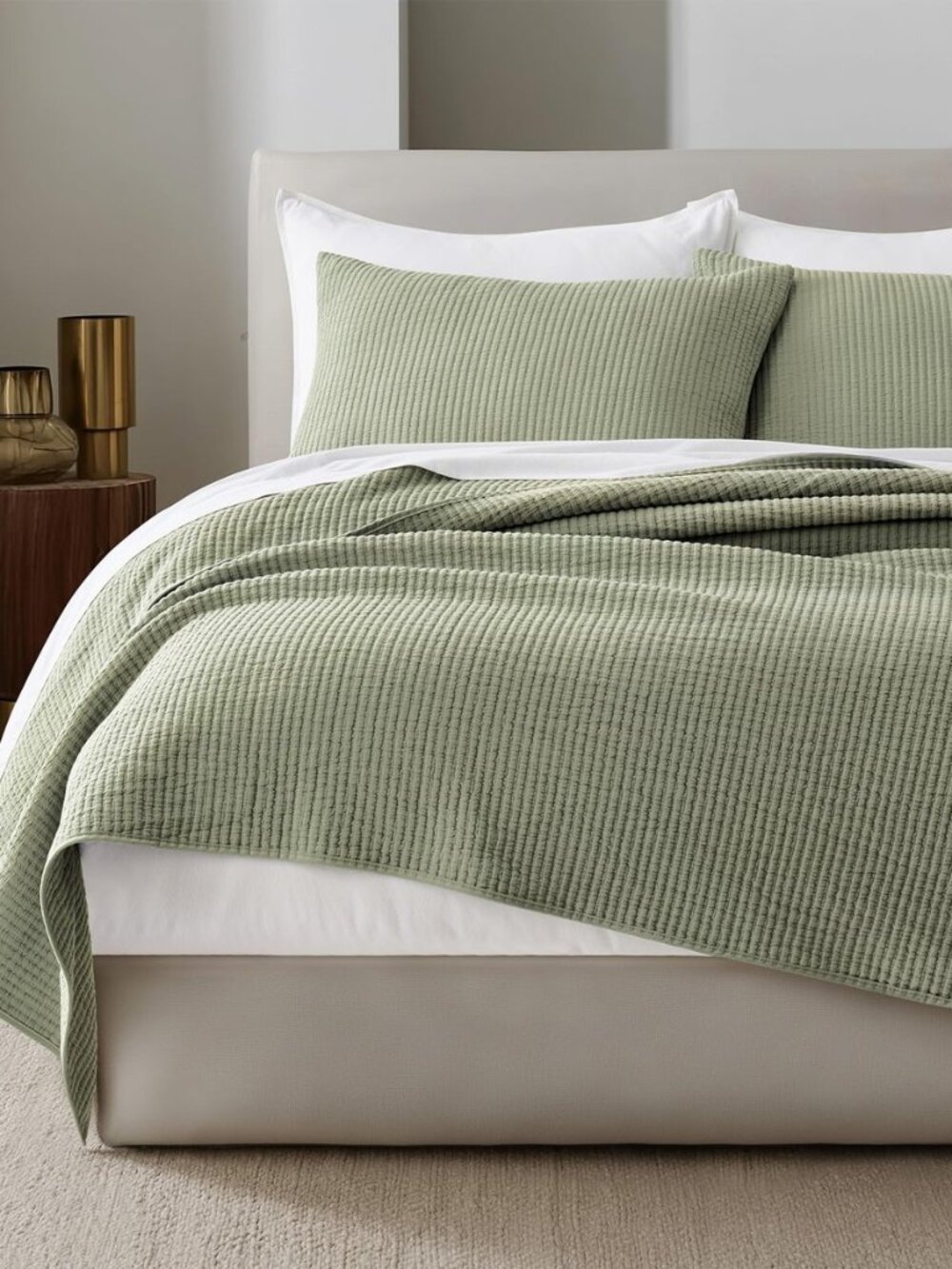 Cotton Ribbed Matelassé Coverlet Set, Queen Size, Dried Sage